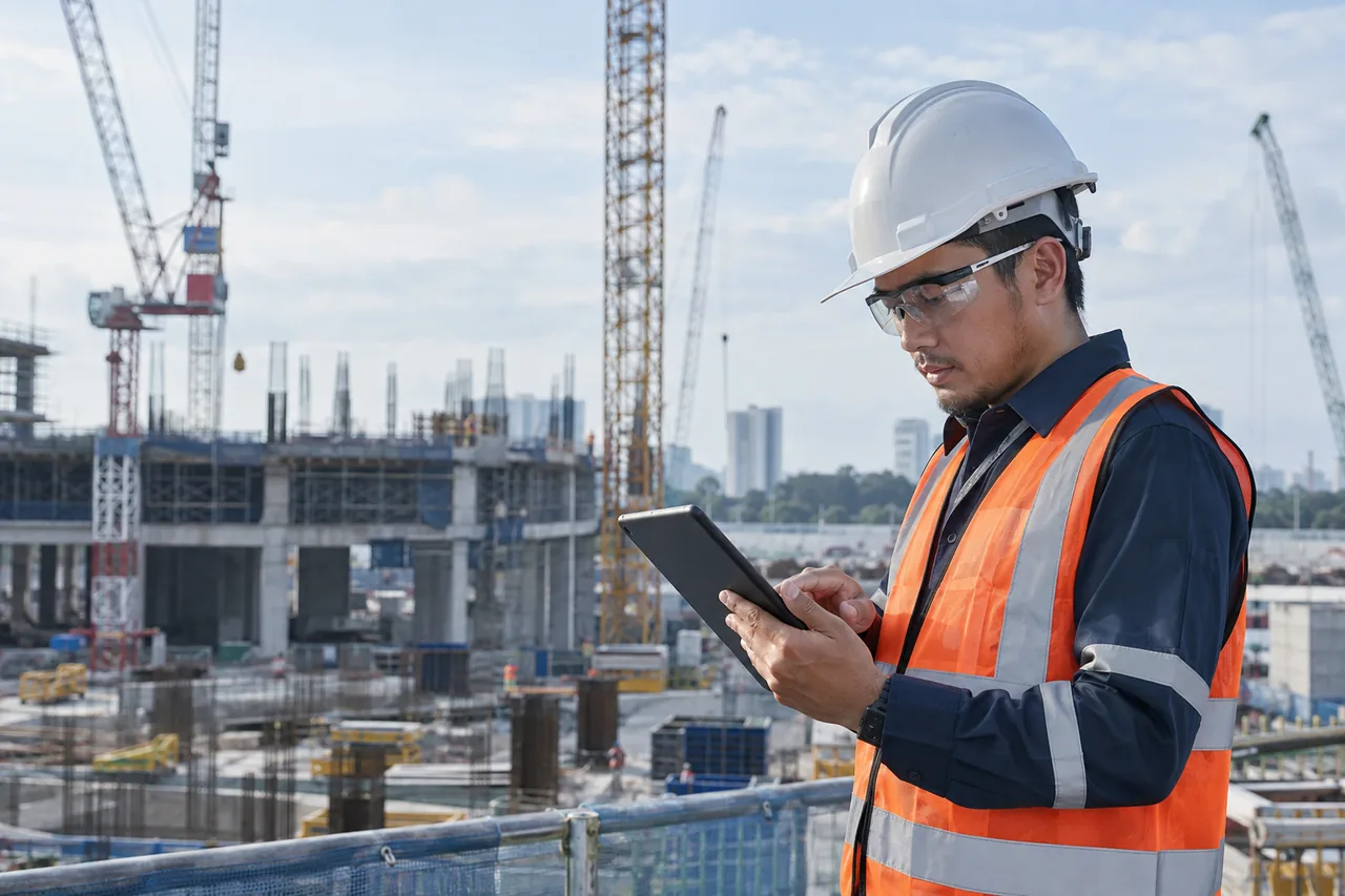 Construction engineer checking site work on a tablet