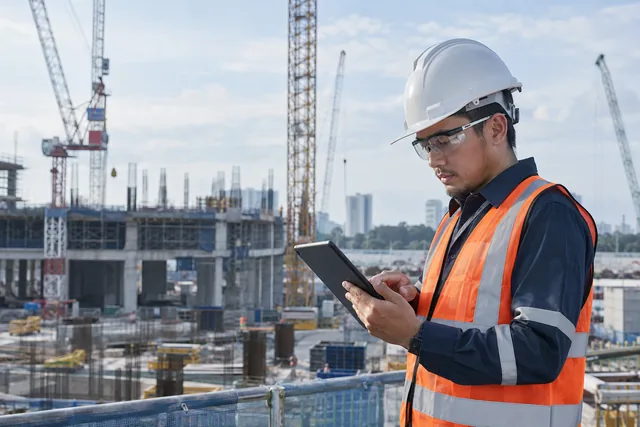Construction engineer checking site work on a tablet