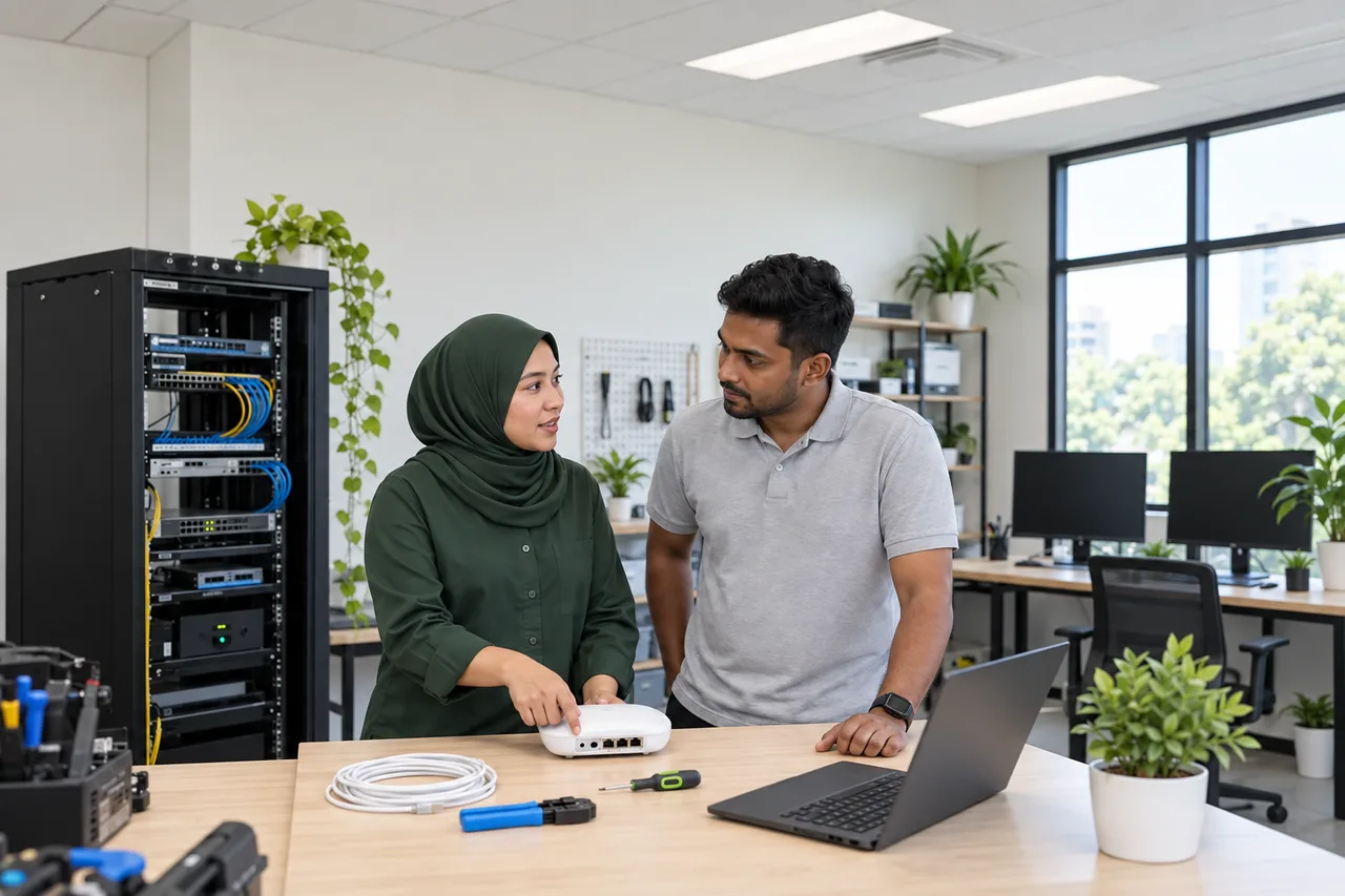 IT specialist explaining network equipment to a colleague
