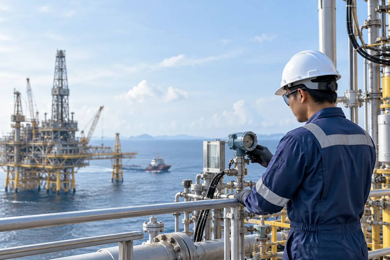 Oil and gas service technician checking offshore equipment