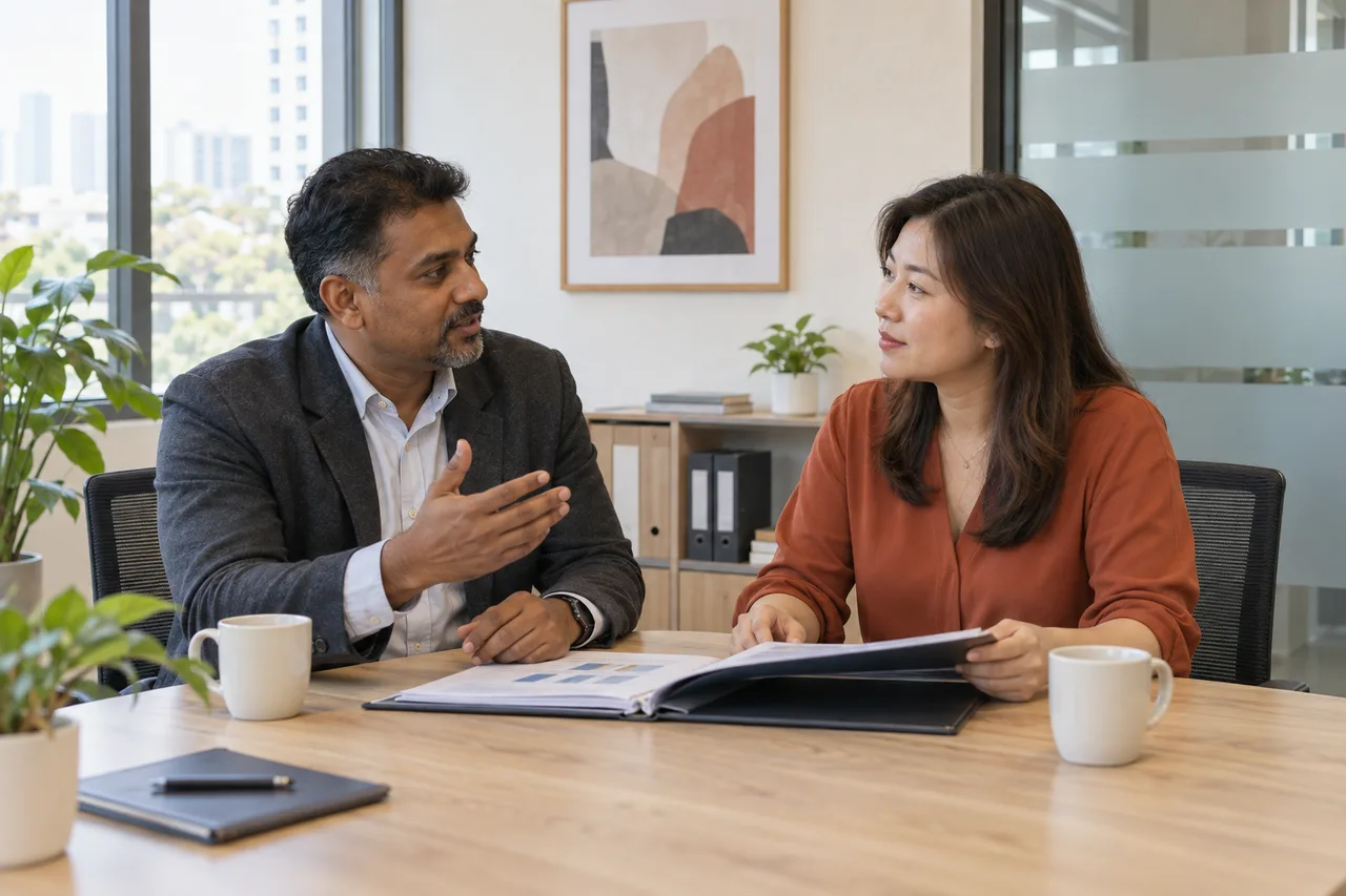 Consultant discussing a client document in a bright modern office