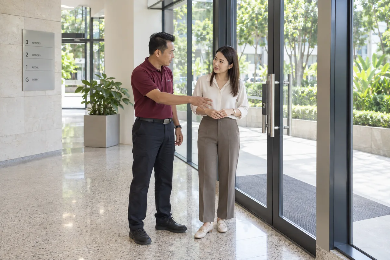 Facilities supervisor and property manager discussing an entrance check in a commercial building