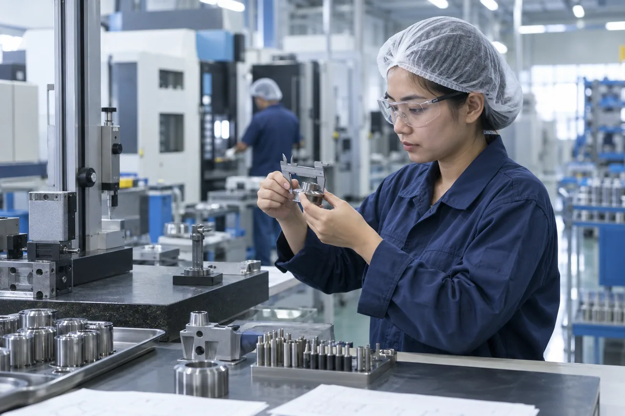 Manufacturing technician inspecting a precision component