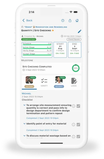 Actual IMPACT completed site-check screen with Action, Verify and Accept steps