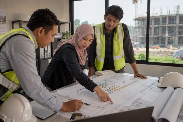 Pengurus projek dan penyelaras tapak menyemak jadual pembinaan dan lukisan.