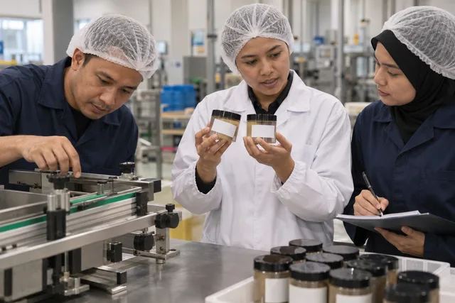 Pasukan pembuatan membandingkan label yang cacat dan memeriksa peralatan pelabelan.